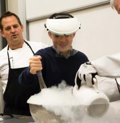 Liquid nitrogen is poured during a demonstration.